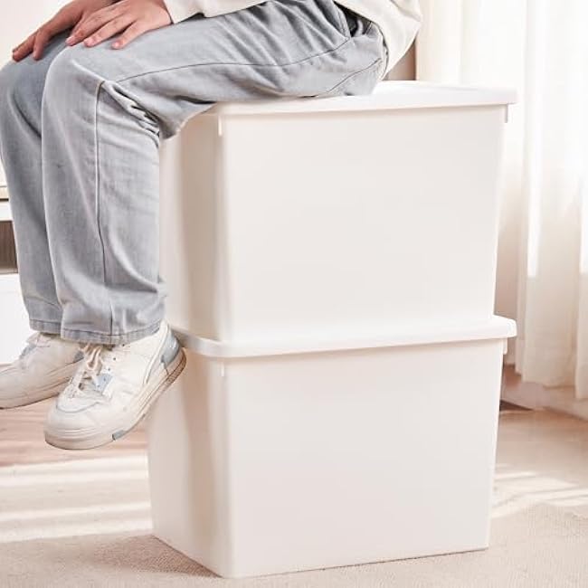 White Storage Bins with lids,Office stackable Plastic Boxes Set of 4,Garage organization Storage Box with handle for Organizing Snacks, Crafts, Legos, Tools,books (white, 4XXXL)