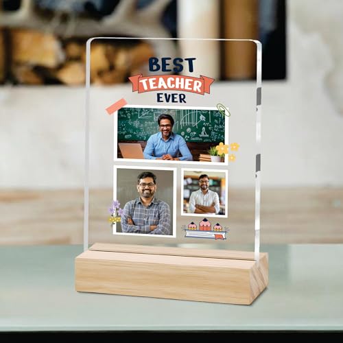 Image of Giftplease Best Teacher Plaque | Personalized Photo Frame with Wooden Stand | Appreciation Gift for Teachers | Teacher's Day Retirement Farewell Gift (Custom Photo & Text CTH 11