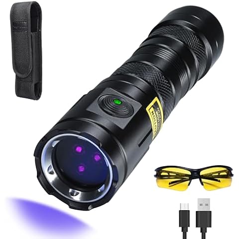 DARKDAWN UV 365nm Light Blacklight High Power, 20W Ultraviolet Flashlight USB-C Rechargeable with Black Mirror, 3 LEDs Mini Woods Lamp for Dog/Cat Urine Detector, Anti-counterfeiting Identification Cover