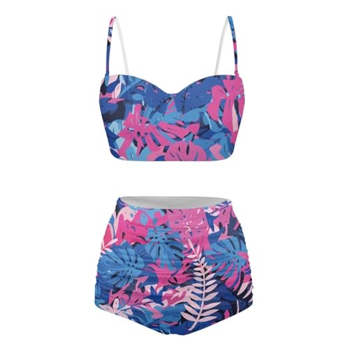 Snilety Traje de baño para mujer, talla S-2XL, conjunto de bikini de verano de 2 piezas + calzoncillos de cintura alta, flor ((Tropical Flower), Large