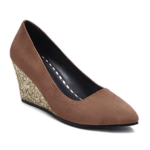 MIOKE Women's Pointed Toe Wedge High Heel Pumps Suede Sequins Slip On Comfort Chunky Dress Wedding Shoes