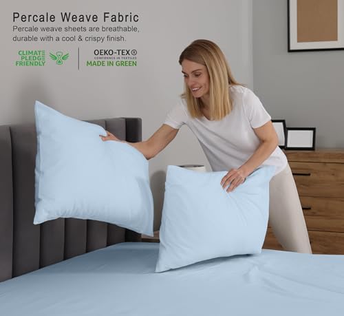 Image of RUVANTI 100% Cotton Percale Sheets Split King Size, Baby Blue | Crisp Cooling, Deep Pocket 16 inch, Soft Breathable & Durable, Hotel-Style, 5 Piece Set
