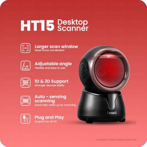 Helett HT15 2D&1D Hands-Free USB Desktop Barcode Scanner with 300K CMOS Global Exposure Scan Engine |Larger Scan Window|Adjustable Angle|Buzzer LED|Resolution:640×480|Strong ABS|1Year warranty(Black) - Image 4