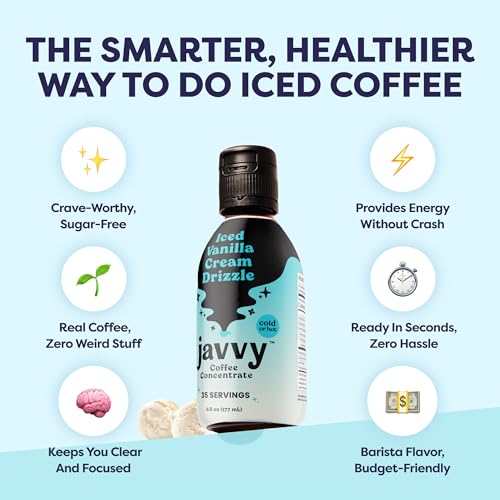 Image of Javvy Cold Brew Coffee Concentrate Instant Coffee, Vanilla Cream Drizzle | 100% Real Coffee, 0g Sugar, No Artificial Flavors, 60-80mg Caffeine per Serving, Gluten Free, Makes Hot or Iced Coffee