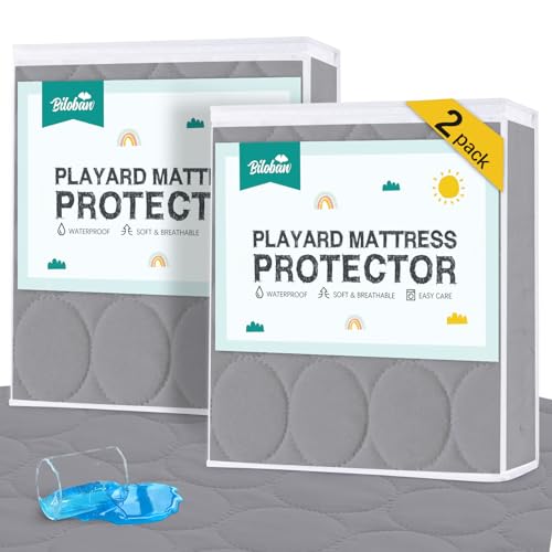 Image of Pack and Play Mattress Protector Sheets Waterproof 2 Pack, Quilted Pack and Play Mattress Pad Cover Fitted Fits for Graco Pack n Play Playard Mattress/Playpen Mattress, Grey, 39" x 27"