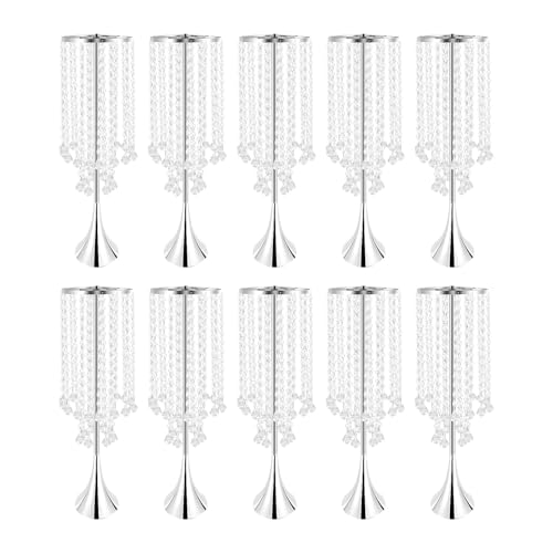 Luxurious Crystal Flower Stand 10PCS Silver Centerpieces Tall Metal Tabletop Flower Arrangement Vase for Wedding Party Dinner Event Hotel Home Decor (21.9Inch H) (Silver)