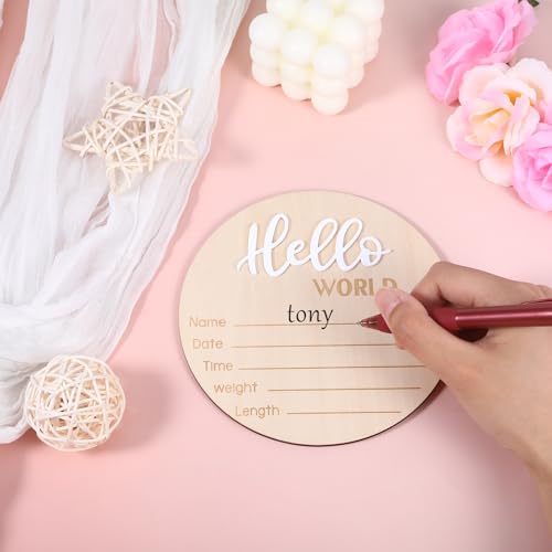 Image of Wooden Baby Announcement Sign, 5.9 Inch Hello World Newborn Sign, Hospital Birth Stat Plaque, Hospitals, Homes, Nurseries, Suitable for Newborn Boys and Girls, Birth Souvenir (White)