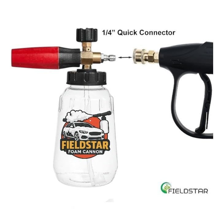 Image of Fieldstar Car Pressure Washer Gun with Transparent Foam Cannon | Heavy Duty Car Wash Foam Gun with 1 /4 inch Quick Connector & 1L Bottle | Compatible with STARQ,Vantro, Aimex,Shakti, iBELL