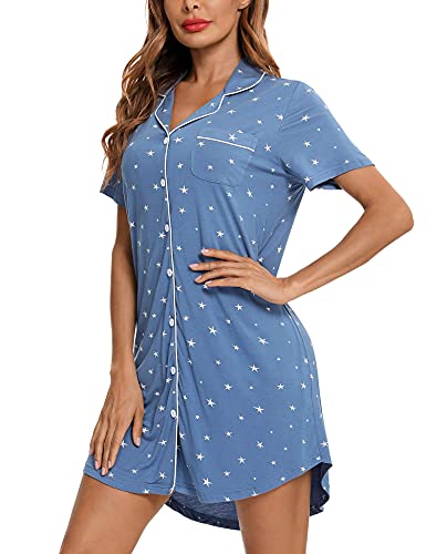 Image of Samring Pajama Nightgown for Women Short Sleeve Button Down Boyfriend Night Gown Nightdress Sleep Shirts