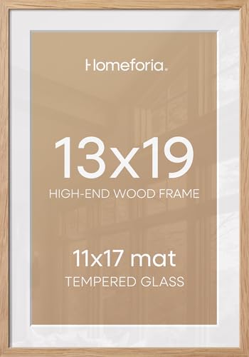 Image of Homeforia 13x19 Picture Frame Wood, High End Natural Oak 13x19 Light Wooden Poster Frame with Mat 11x17, 13 x 19 Frames Matted to 11 x 17 Photo, 19x13 Hanging Frame, Tempered Glass, Wall Kit, Set of 2
