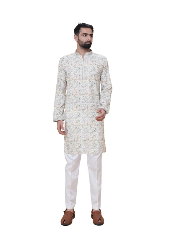 Men Cream Printed Kurta Pyjama Set Festive Look Khadi Cotton-picture-43