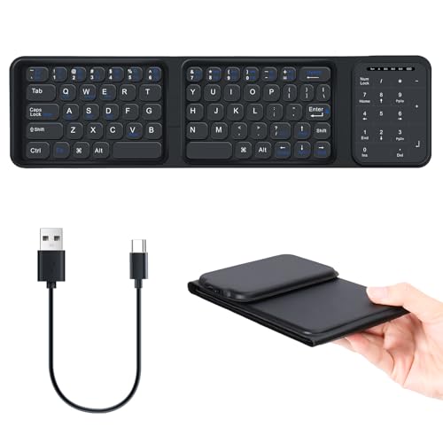 Nsyee Foldable Bluetooth Keyboard, Folding Keyboard with Touchpad and Numeric Keypad, USB Rechargeable Portable Tri-Folding Keyboard, Wireless Mini Travel Keyboard for Tablet, IOS, Android, Windows，PC