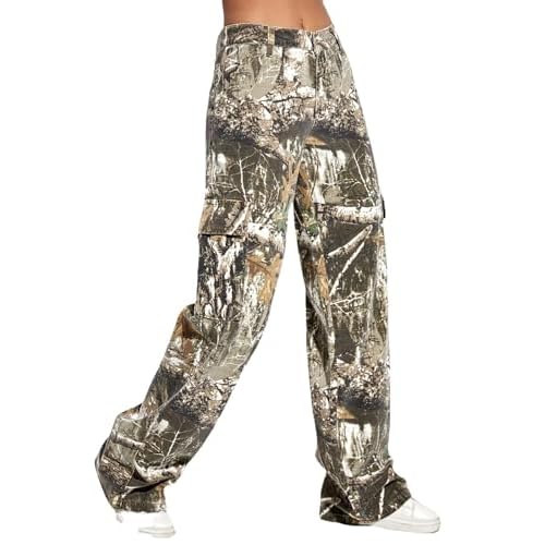 Women Camouflage Cargo Pants Straight Wide Leg Trousers Jeans with Pockets