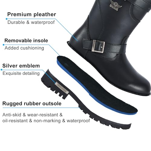 Dream Apparel Mens 11in PU Leather Motorcycle Engineer Boots for Riding, Waterproof Biker Boots with Full Length Side Zipper, Black Faux Leather Mid Calf Footwear2
