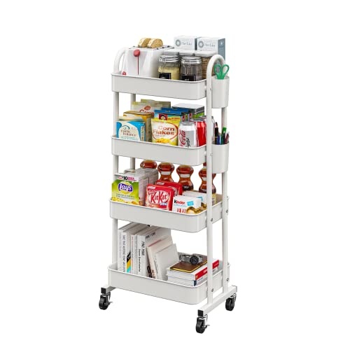 Image of LEGUANG 4-Tier Rolling Utility Cart Storage Shelves Multifunction Storage Trolley Service Cart with Mesh Basket Handles and Wheels Easy Assembly for Bathroom, Kitchen, Office (White)