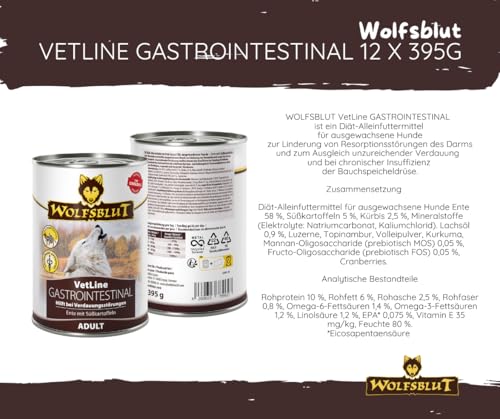 Wolfsblut Vetline Hundefutter - GASTROINTESTINAL, 12x395g - Sparbundel, Sparpaket - inklusive Warnicks Tierfutterservice Hundesnack Goodie