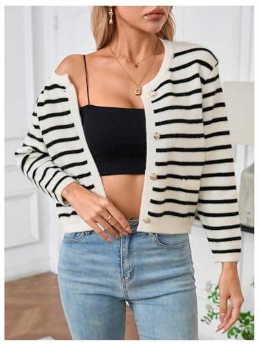 MakeMeChic Women's Cardigan Sweaters Striped Long Sleeve Button Down Fall Cardigan Sweaters Lightweight Trendy4
