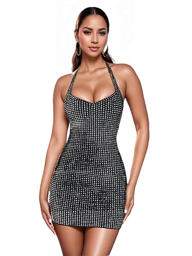 Image of Figdaw Women Sparkle Rhinestone Halter Bodycon Mini Dress