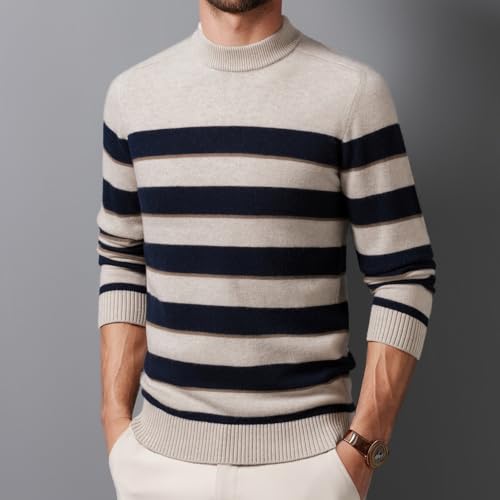 Mens 100% Wool Mock Turtleneck Sweater Vintage Striped Pullover Sweater Fashionable Knitted Long-Sleeved Top3