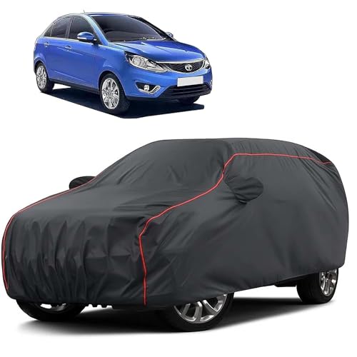 Image of Sulfar 100% Water Resistant Car Body Cover Compatible with Mirror for Tata Zest (Triple Stitched, Full Bottom Elastic, Dark Grey Taffeta with Red Piping)