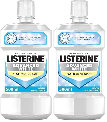 Listerine Advanced White Sabor Suave (1 x 500 ml), enjuague bucal 0% alcohol, enjuague bucal sin alcohol sabor menta, colutorio blanqueador dental para una limpieza óptima (Paquete de 2)