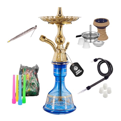 Dark Shisha Cachimba Luna Azul 44,5 cm + 50 Boquillas Higiénicas | Set Completo con Manguera Tradicional, Cazoleta de Piedra, Chimenea, Pinza y Juntas