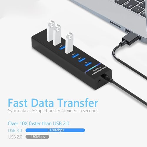 Image of SANCY 7-Port USB 3.0 Hub with Individual Switches & Lights, Multiple Port USB Adapter Extension High-Speed Data Hub, Portable USB Splitter with 1FT Extended Cable for PC, Laptop, MAC, Printer and More