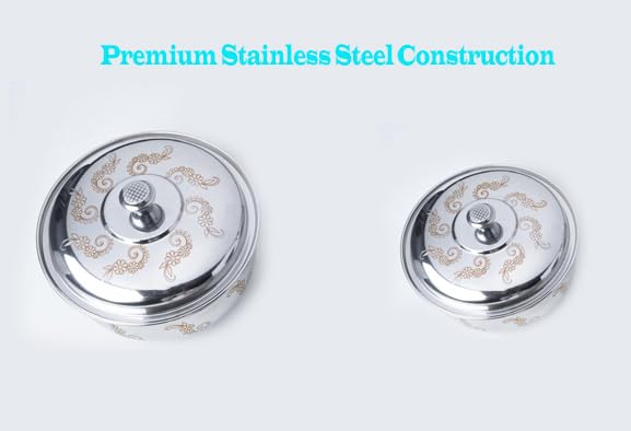 Dhanuom Stainless Steel Hot Pot Handi Set | 3 Pcs Silver Serving Dishes with Lids | Perfect for Cooking and Serving | Mirror Finish for Easy Cleaning (3 Pcs/Small/Medium/Large) 1