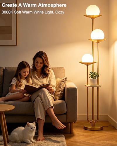 Image of Lightdot 3-Globe Dimmable Floor Lamp with Table Modern Floor Lamps 3000K Warm White Bulbs Included Gold Tall Standing Lamp with 5Lbs Heavy Base for Living Room /Bedroom /Sofa Beside /Corner Decor
