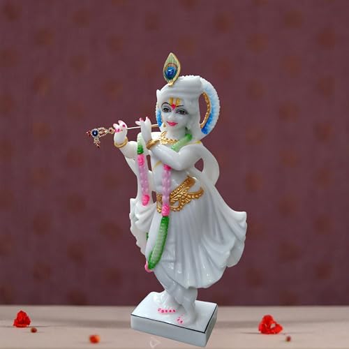Image of Marble Handicraft God Krishna Idols Statue Murti for Home Decoration and Temple Decoration Items for Home Decor Living Room Mandir Temple Pooja Room Table Top Office Decorative Gifts(White)