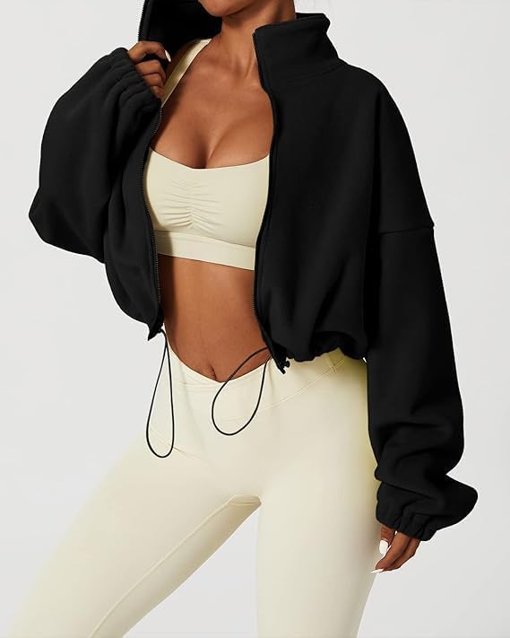 Women's Full Zip Fleece Short Jacket - Warm Winter Long Sleeve, Sherpa Crop Coat Workout Jacket - Winter Clothing