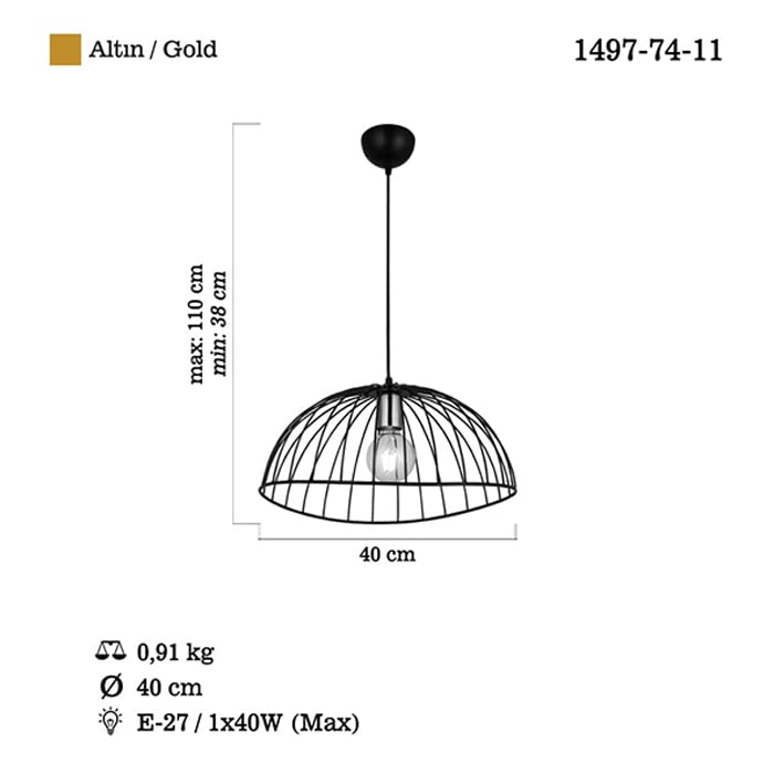 Homemania Pendelleuchte – Metall, Gold/Schwarz, 110 Cm, E27
