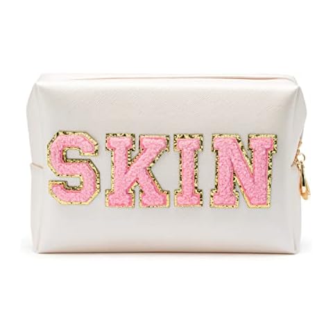 PANTIDE Preppy Patch Skin Varsity Letter Cosmetic Toiletry Bag PU Leather Portable Makeup Bag Zipper Pouch Storage Purse Waterproof Organizer Gift for Women Teen Girls Daily Travel Use (Shell Gold) Cover