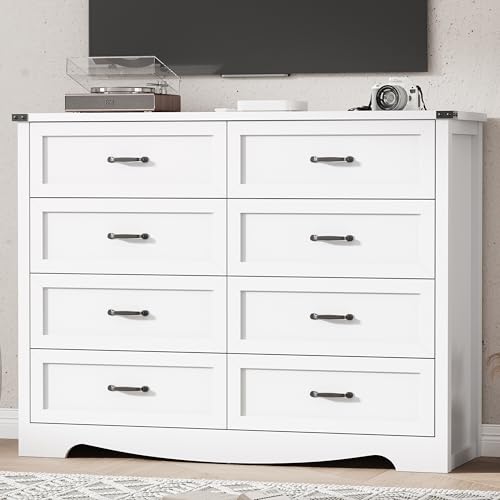 Image of Dresser for Bedroom with 8 Drawers, 54 inch Wide Wood Chest of Drawers with Deep Drawers & Mental Handle, Modern Dresser TV Stand, Wooden Closet Storage Organizer for Living Room, Hallway, Entryway, White