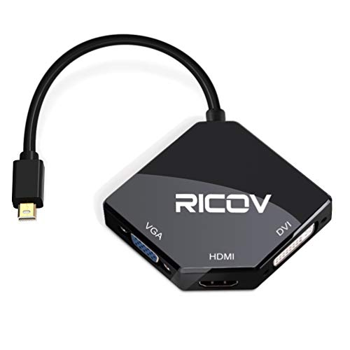 RICOV Ultimate 3-in-1 Mini DP (Thunderbolt) to HDMI, DVI, VGA Adapter, Compact 1080p