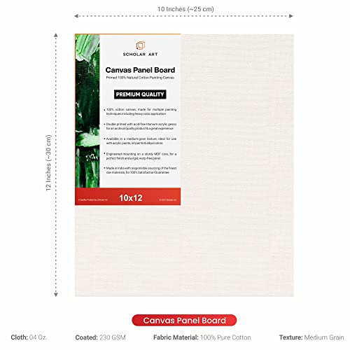 Image of Scholar Art Hobby Series 04 Oz (230 GSM) 100% Cotton Canvas Panel Board for Painting (White Blank Canvas Boards for Acrylic Paint, Oil Paint, Wet & Dry Media) | 10 inchx12 inch (25x30 cm), Pack of 4