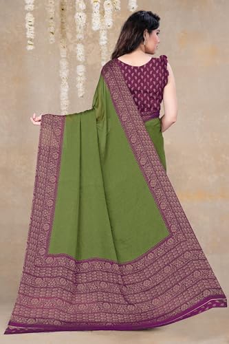 Image of MIRCHI FASHION Saree for Woman Chiffon Georgette Solid with Contrast Border | Lightweight Daily Wear Women's Sari and Printed Blouse Piece
