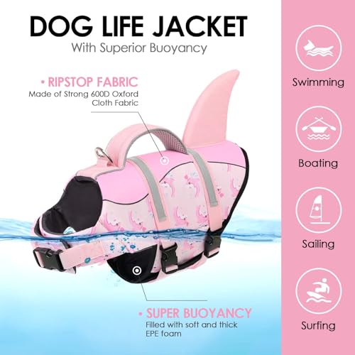 AOFITEE Schwimmweste Hund Groß, Ripstop Große Hundeschwimmweste Hai, Verstellbar & Ripstop Schwimmweste für Hunde mit Rettungsgriff, Rettungsweste Hunde Labrador Hundeweste Schwimmen, Rosa Wal, L