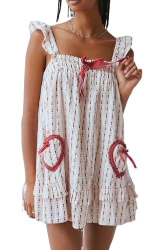 Image of Women Y2K Tie Shoulder Mini Dress Bow Babydoll Ruffle Short Dress Summer Boho Floral Flowy Beach Sundress
