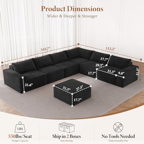 Image of Vesgantti 143 inch Sectional Couch, 6 Seater Sofa with Ottoman,Boneless Sofa for Living Room, Black