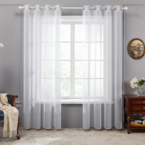 Deconovo Cortinas Blancas Translucidas para Dormitorio Juvenil Matrimonio Suave Cortinas Salon 2 Piezas 140x245cm Blanco-Línea y Punto