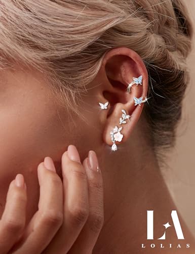 LOLIAS 16 Gauge Cartilage Earrings Helix Earrings for Women Stainless Steel Helix Piercing Jewelry Leaf Butterfly CZ Studs Flat Back Cartilage Earrings Set 9Pcs4