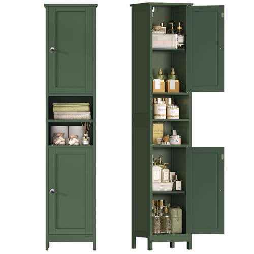 Image of TEENFON 67 inch Tall Bathroom Cabinet with Adjustable Shelves and Doors, Narrow Bathroom Storage Cabinet for Small Space, Living Room, Entryway, Kitchen, Green