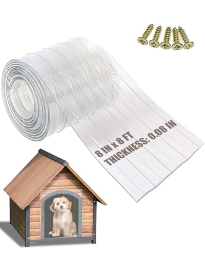 Ezcasch Dog Door Replacement Flap 8'' x 8' Clear PVC Doggie Flaps Customizable Plastic Vinyl Strips Thermal Insulation Thickness 0.08 in with Screws for DIY Doggie or Cat House