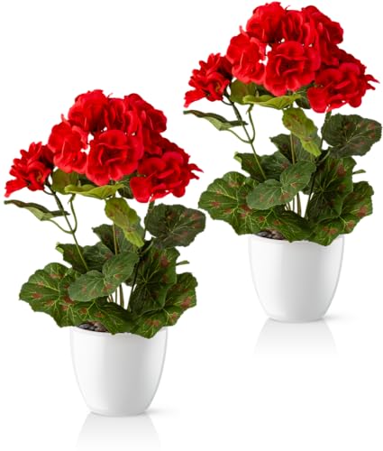 PASCH® Géraniums artificiels dans un pot en céramique brillante | Fleurs artificielles en pot | Fleurs artificielles comme de vraies fleurs | Fleurs...