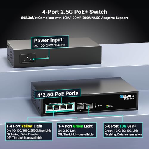Image of 6 Port 2.5Gb Unmanaged PoE Switch with 4*2.5G Base-T PoE Ports, 2*10G SFP+ Uplink, 802.3af /at (PoE+), 60Gbps Switching Capacity, GigaPlus 2.5G PoE Switch for 2.5Gb NAS /PC, WiFi6 Router, Wireless AP