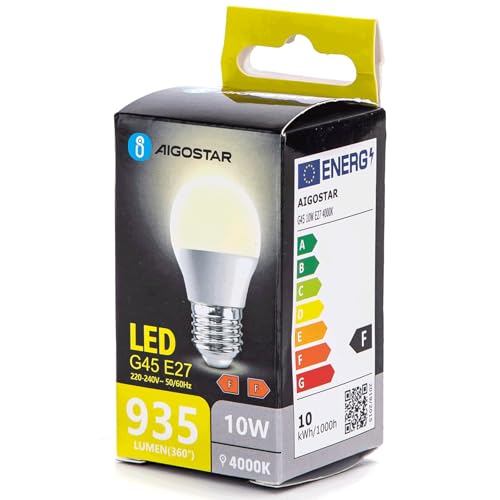 Bombilla LED G45 E27 10W 4000K, luz blanca neutra, ahorro energético, ideal para iluminación general y espacios de trabajo.
