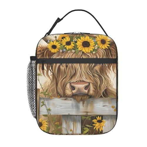 ainori Reusable Highland Cow Lunch Box for Kids Girls Women Adult, Insulated Sunflower Crown Farm Cute Lunch Bag,Polyester Cooler Handbags Case for School Picnic Work Travel Beach or Hiking