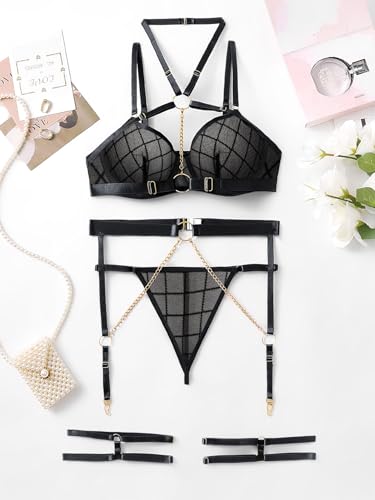 Image of Lilosy Sexy Pu Leather Strappy Underwire Garter Belt Lingerie Set