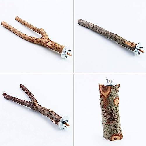 Image of 4 Pack Natural Wood Bird Perch Parrot Stand Branches Fork Toys,Pet Bird Cage Wooden Hanging Perch Platform Hammock Swing Toy for Small Parakeets,Budgies,Cockatiels,Conures,Finches